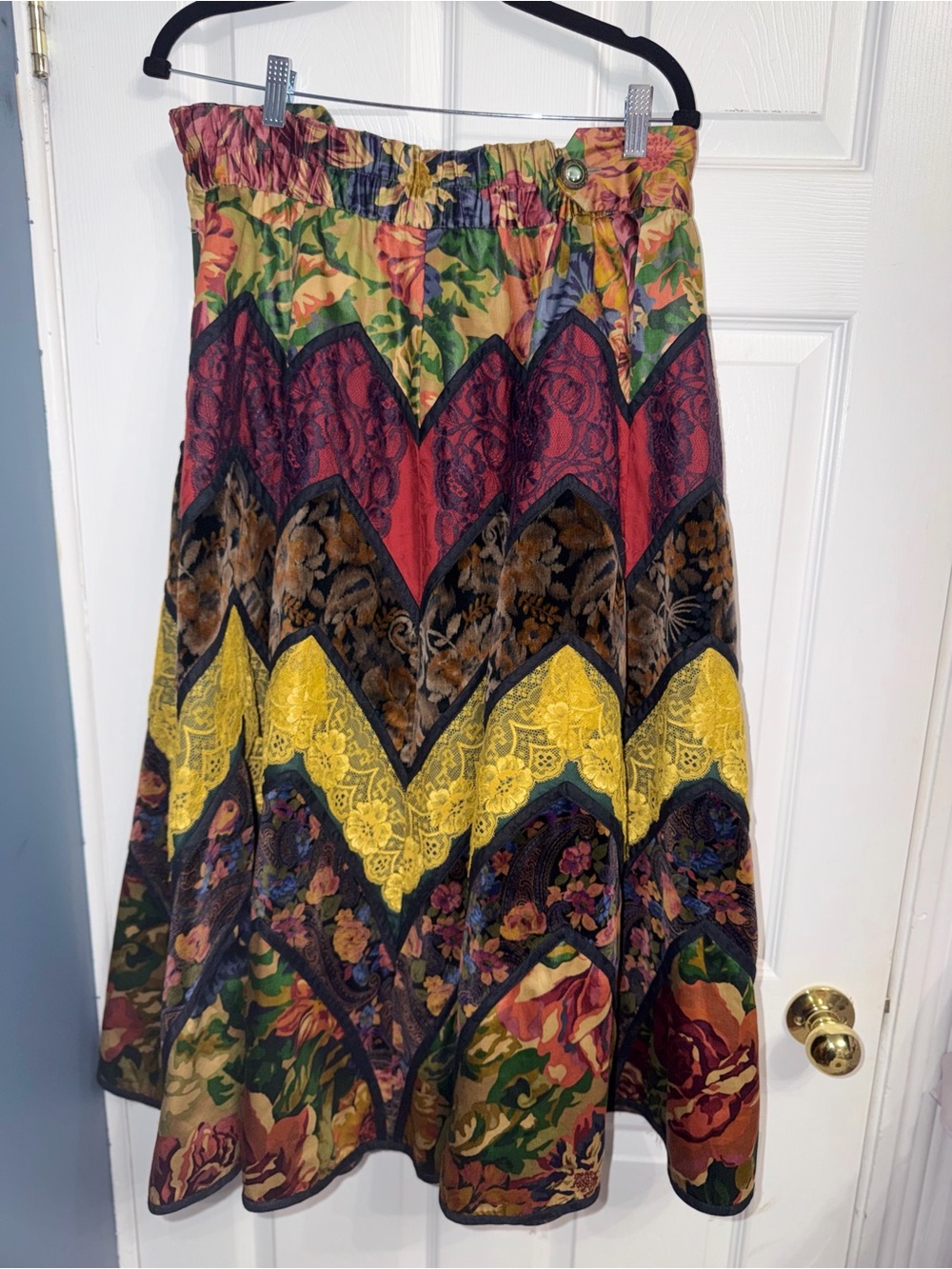 Vintage 80s Suttles & Seawinds Chevron Patchwork Maxi Skirt Velvet Boho MM